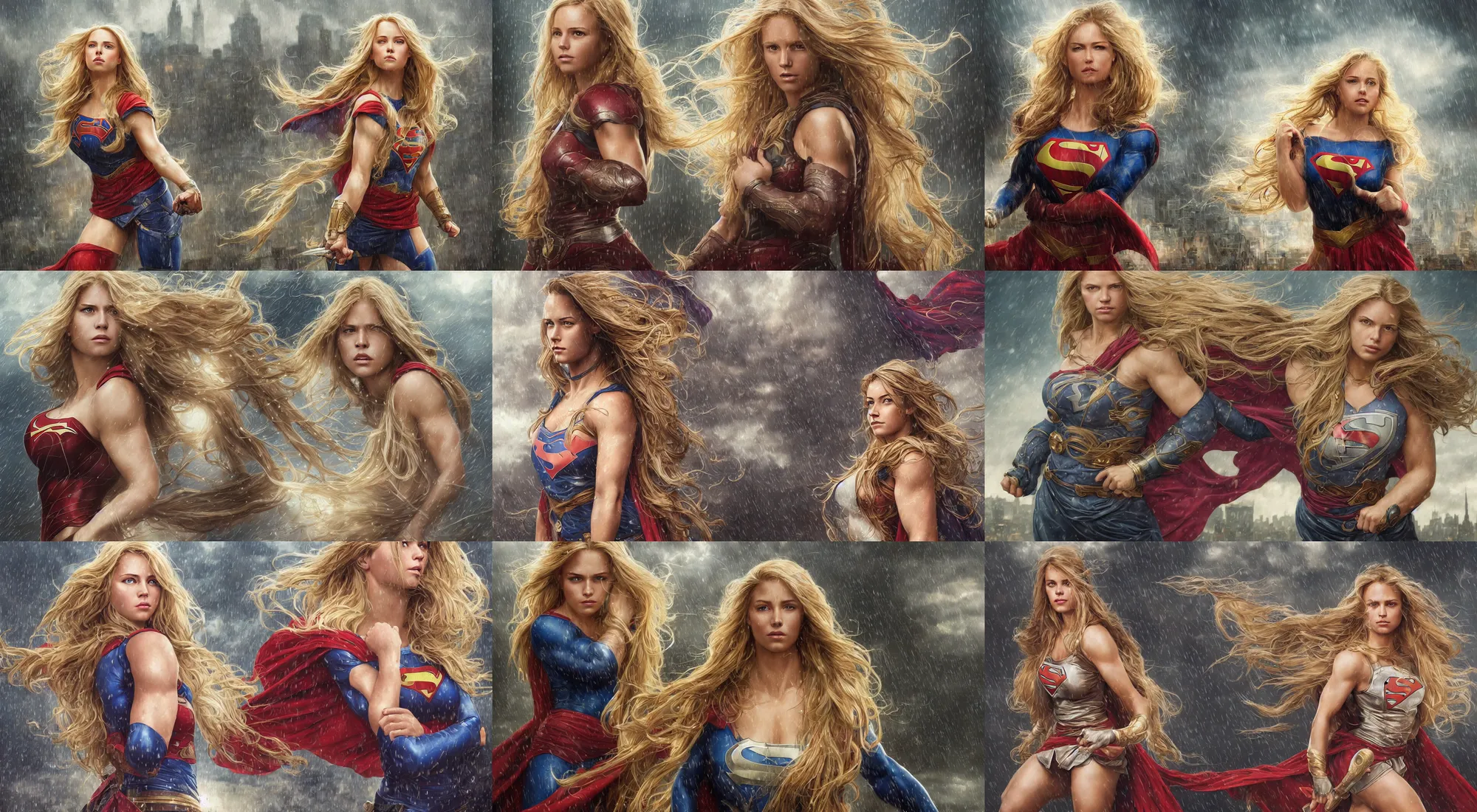 Prompt: epic portrait of a very muscled supergirl with a concentrated face and extremely long blonde wavy hair, light rain, thunder storm background, intricate detailed face, city background, steve argyle, greg rutkowski, alphonse mucha, francine van hove