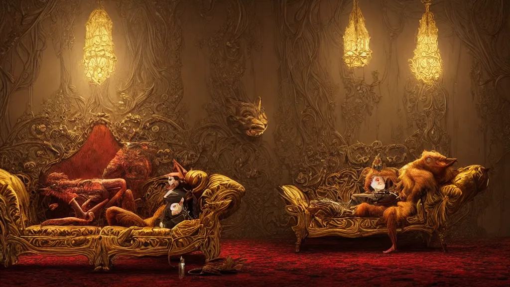 Image similar to a goblin sitting on an ornate victorian couch made out of fox fur, intricate, detailed, volumetric lighting, sharp focus, photorealism, digital painting, highly detailed, concept art, by roger dean and simon stalenhag and mark brooks