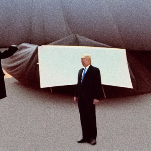 Image similar to photographic evidence of donald trump standing in front of a nuclear bomb hidden under a tarp, 1 0 8 0 p cnn footage