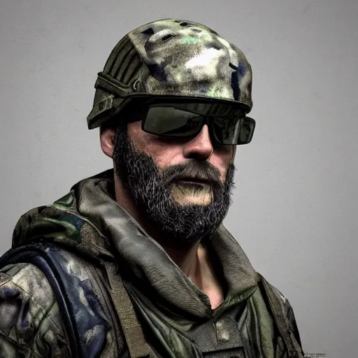 Prompt: dramatic painting of zeus as a stern tarkov character, wearing helmet, camouflage clothing, sunglasses, painterly, caravaggio, 3 d render, 8 k, detailed face
