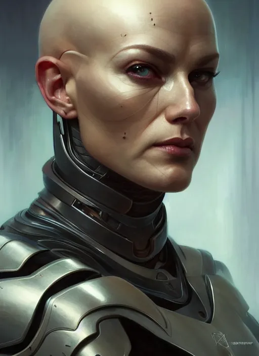 Image similar to Symmetry!! portrait of a bald woman, warrior in sci-fi armour, tech wear, muscular!! sci-fi, intricate, elegant, highly detailed, digital painting, artstation, concept art, smooth, sharp focus, illustration, art by artgerm and greg rutkowski and alphonse mucha