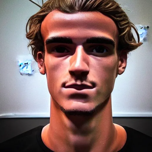 Image similar to “ a realistic detailed photo of a guy who is an attractive humanoid who is half robot and half humanoid, who is a male android, soccer player antoine griezmann, shiny skin, posing like a statue, blank stare, at the museum, on display ”