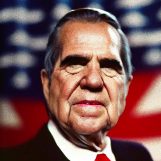 Prompt: up-close portait photo of Nixon, 1975, cinestill, 800t, 35mm, full-HD