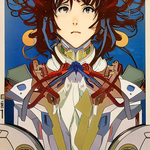 Image similar to anime manga mecha gundam robot portrait by Alphonse Mucha art nuevou