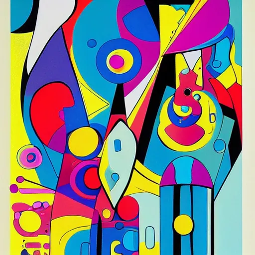 Image similar to abstract forms in the bold colourful detailed style of mike hinge,