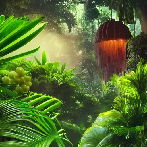 Image similar to green juice bottle in a luscious tropical grove with neon auroras, path traced, environment, highly detailed, concept art, realistic, octane render, up close shot shinji aramaki, karol bak, alphonse mucha