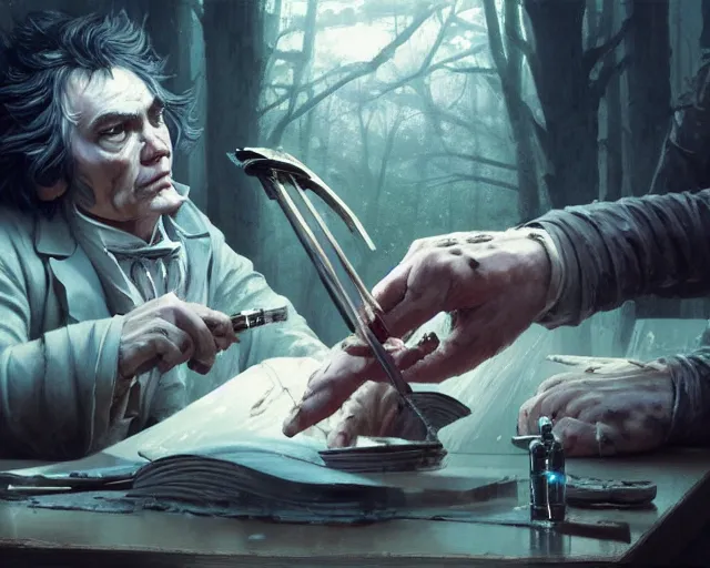 Image similar to ludwig van beethoven getting his nails manicured, in the walking dead, stephen bliss, unreal engine, fantasy art by greg rutkowski, loish, rhads, ferdinand knab, makoto shinkai and lois van baarle, ilya kuvshinov, rossdraws, tom bagshaw, global illumination, radiant light, detailed and intricate environment