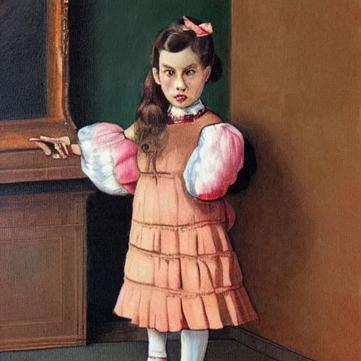 Image similar to little girl wearing an gucci's outfit. art in helltaker art style, inspired by balthus, highly detailed, realistic,