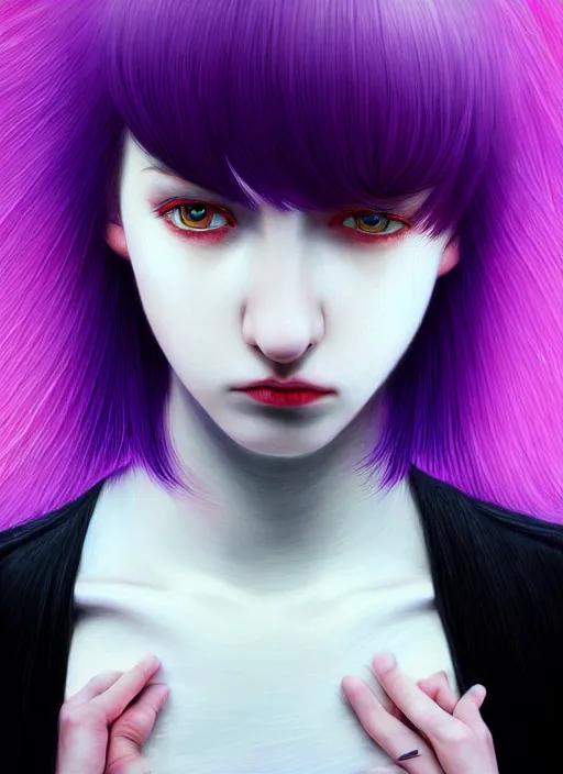 Image similar to hair whitebangs hair, black hair, blackbangswhitehair, portrait of teenage girl with white bangs, red irises, purple clothes, white bangs, bangs are different color from hair, intricate, elegant, glowing lights, highly detailed, digital painting, artstation, concept art, sharp focus, illustration, art by wlop, mars ravelo and greg rutkowski