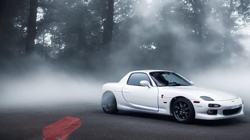 Image similar to a jdm mazda rx - 7, cinematic, long exposure, white balance, 8 k, led, lumen global illumination, fog, ray tracing reflections