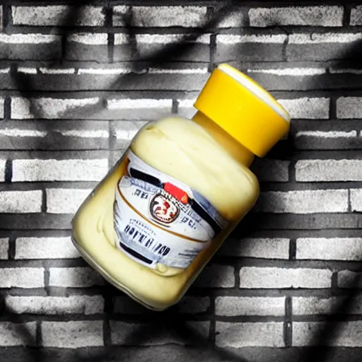 Image similar to a jar of mayonnaise wearing a prison uniform in a prison cell