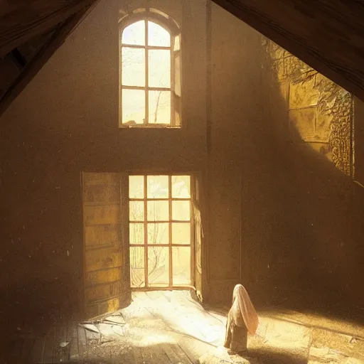 Image similar to the interior of an old abandoned house, an oak tree grows inside, golden rays of sunlight enter through the window, digital art, trending on artstation, matte painting, concept art, drawn by greg rutkowski, inspired by johannes vermeer, warm colors