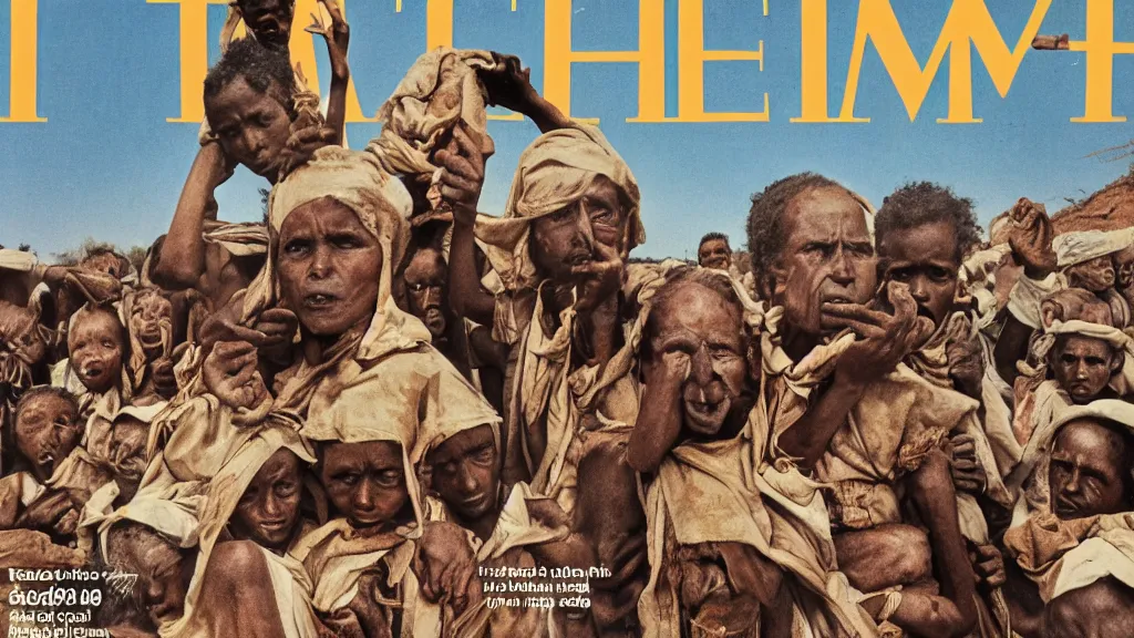 Prompt: 1 9 8 4 ethiopian famine and drought, in the cover of time magazine, 8 k