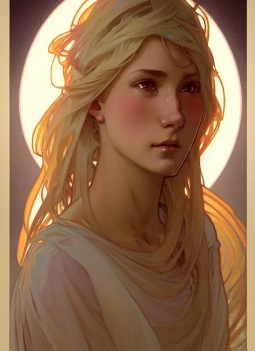 Image similar to digital character concept art by artgerm and greg rutkowski and alphonse mucha. clear portrait of a young wife blessed by god to uncontrollably become overwhelmingly perfect!! blonde, casually clothed! obviously feminine holy body!! light effect. hyper detailed, glowing lights!! intricate, elegant, digital painting, artstation, smooth, sharp focus