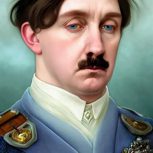 Prompt: Portrait of magical Adolf Hitler, very very very very pale white skin, dreamy and ethereal, pastel blue eyes, peaceful expression, ornate frilly regal shirt, fantasy, intricate, elegant, dynamic lighting, highly detailed, digital painting, artstation, concept art, smooth, sharp focus, illustration, art by artgerm and greg rutkowski and alphonse mucha
