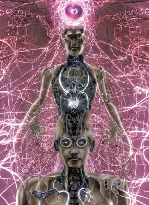Image similar to a spiritually awakened cyborg wants to help humans free themselves from the chains of mental slavery and authoritarian politicians, surreal technological conceptual art magical cybernetic realism horror visions distopic and utopic art and the same time