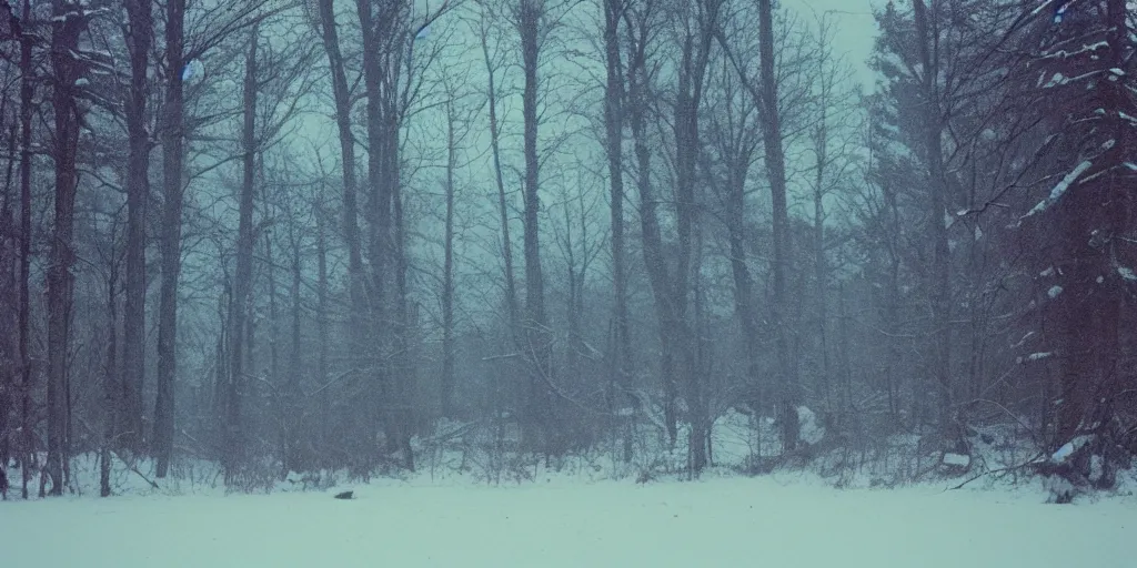 Image similar to photo, bigfoot faintly appears in the distance, barely able to be seen. cold color temperature, snow storm. hazy atmosphere. humidity haze. kodak ektachrome, greenish expired film, award winning, low contrast