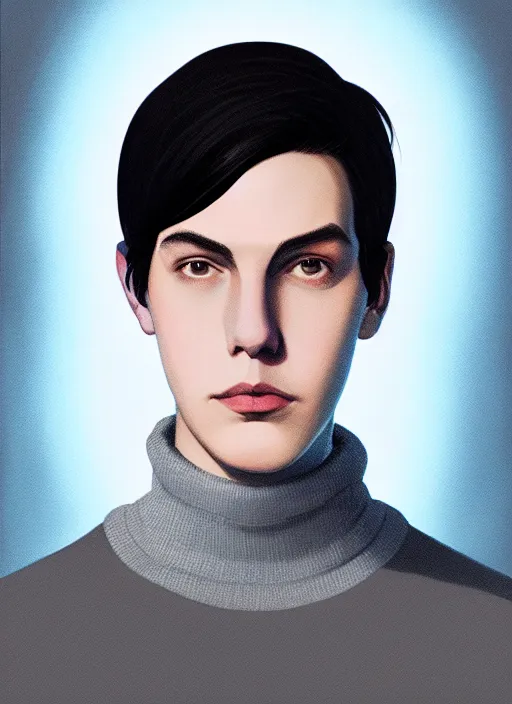 Image similar to portrait of teenage jughead jones wearing a light grey crown, crown, blue turtleneck, closed eyes, photorealistic, black hair, glowing lighting, intricate, elegant, glowing lights, highly detailed, digital painting, artstation, concept art, smooth, sharp focus, illustration, art by wlop, mars ravelo and greg rutkowski