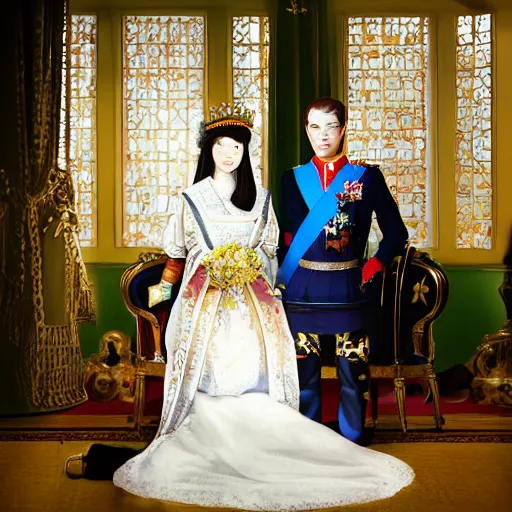 Image similar to a wide full shot, colored russian and japanese mix historical fantasy of a photograph taken of the royal groom and the best men, photographic portrait, warm lighting, 9 0 7 photo from the official wedding photographer for the royal wedding.