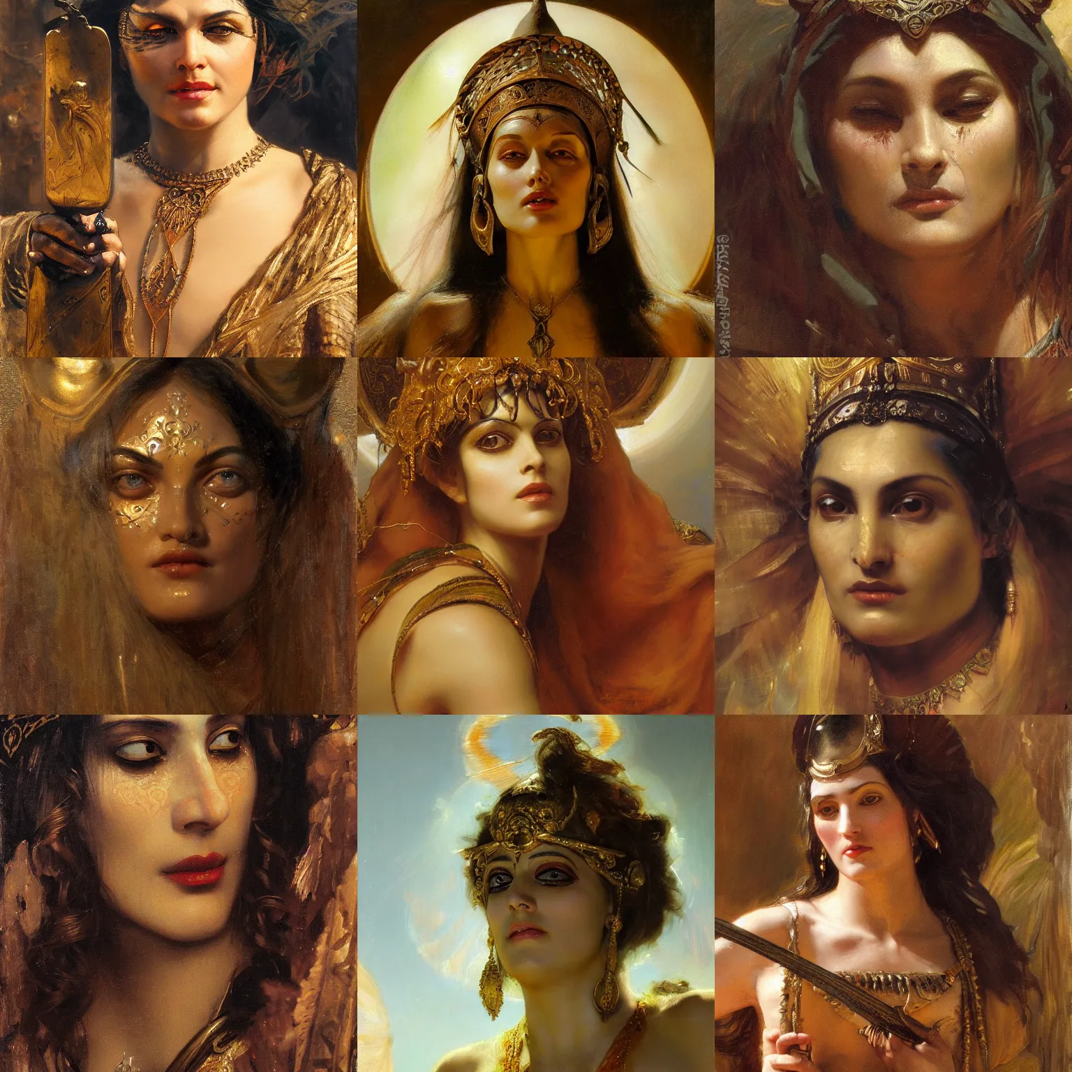 Prompt: divine sorceress orientalism face detail by theodore ralli and nasreddine dinet and anders zorn and edwin longsden long, bronze age, sword and sorcery, oil on canvas, masterful intricate artwork, excellent lighting, high detail 8 k