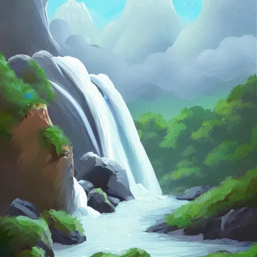 Prompt: a painting of a waterfall surrounded by rocks, an ultrafine detailed painting by Graham Forsythe, behance, generative art, aftereffects, matte background, 2d game art