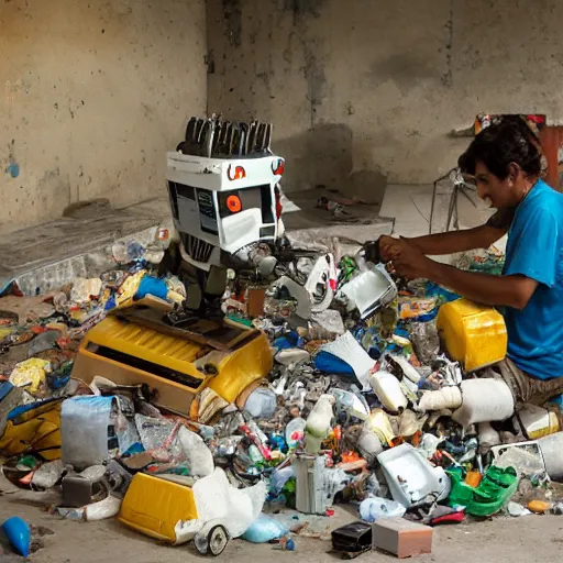 Prompt: a realistic photo of a latin american recycler making a robot with materials of the retro garbage left by people from their daily consumption, dystopic and utopic conceptual art