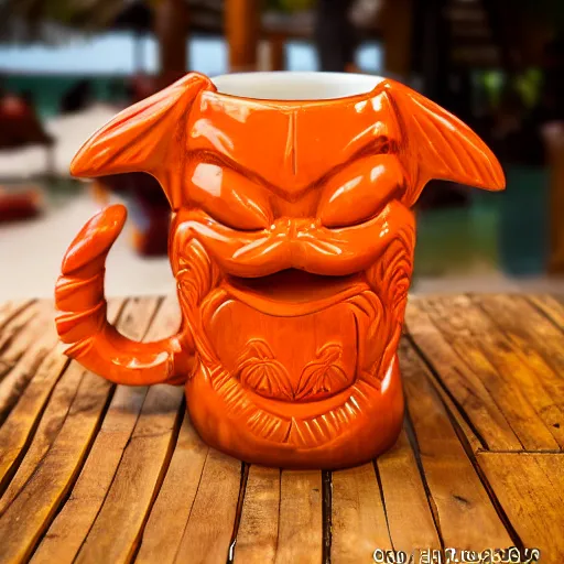 Image similar to a closeup photorealistic photograph of a glossy orange cat garfield style tiki mug sitting at a trader vic's beach bar featuring garfield's face. tiki theme. bright scene. fine detail. this 4 k hd image is trending on artstation, featured on behance, well - rendered, extra crisp, features intricate detail, epic composition and the style of unreal engine.