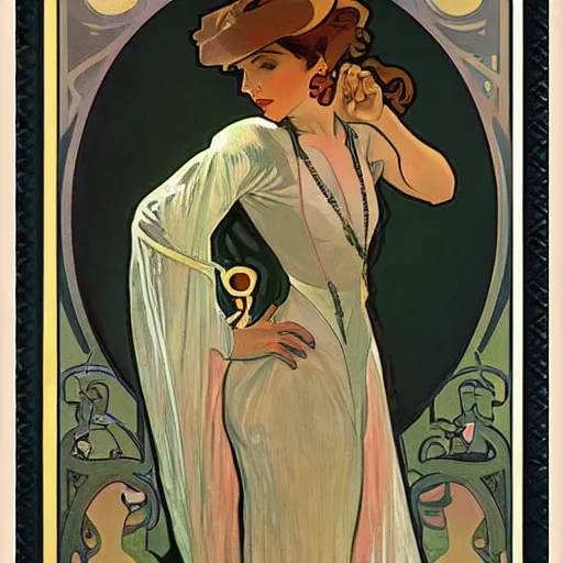 Prompt: female spy, painted by alphonse mucha