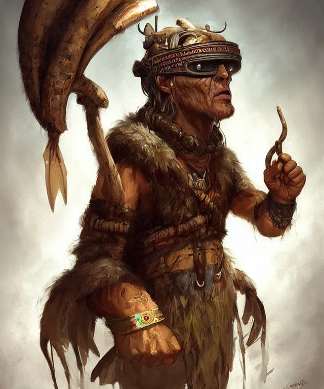 Image similar to Neolithic shaman wearing Oculus Virtual Reality set, prehistoric, realistic character concept art, full body portrait painting, DeviantArt Artstation, by Jason Felix by Steve Argyle by Tyler Jacobson by Peter Mohrbacher, cinema