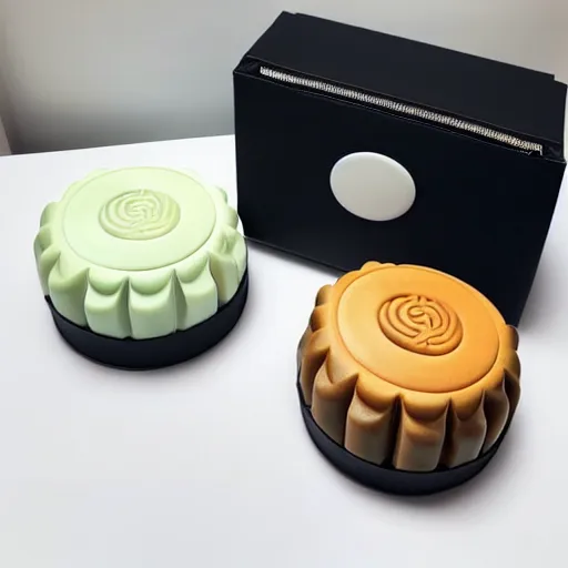 Prompt: jonathan ive dieter rams mooncake 🥮 handbag 👜 👝 packaging