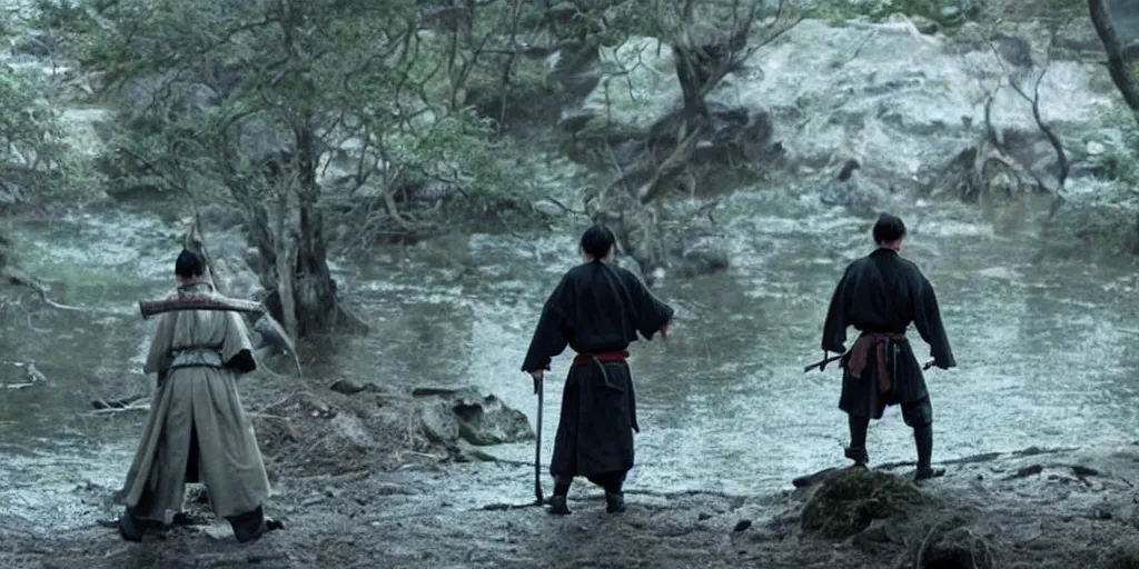 Image similar to scene from Rurouni Kenshin Origins, 2012, movie still, cinematic, anthropomorphic, half man half asian black bear, black bear samurai, Moon Bear Samurai, epic, samurai