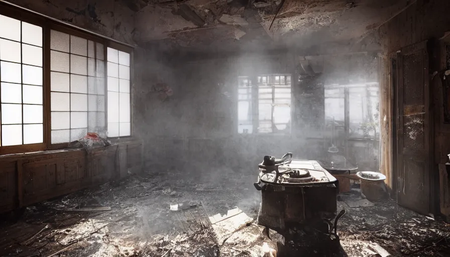 Prompt: abandoned 1 8 0 0's japanes kitchen covered by dust and cobwebs, windows covered by dust and cobwebs, pan and plates, dust floor, flying dust particles, lights through windows, hyperdetailed, artstation, cgsociety, 8 k