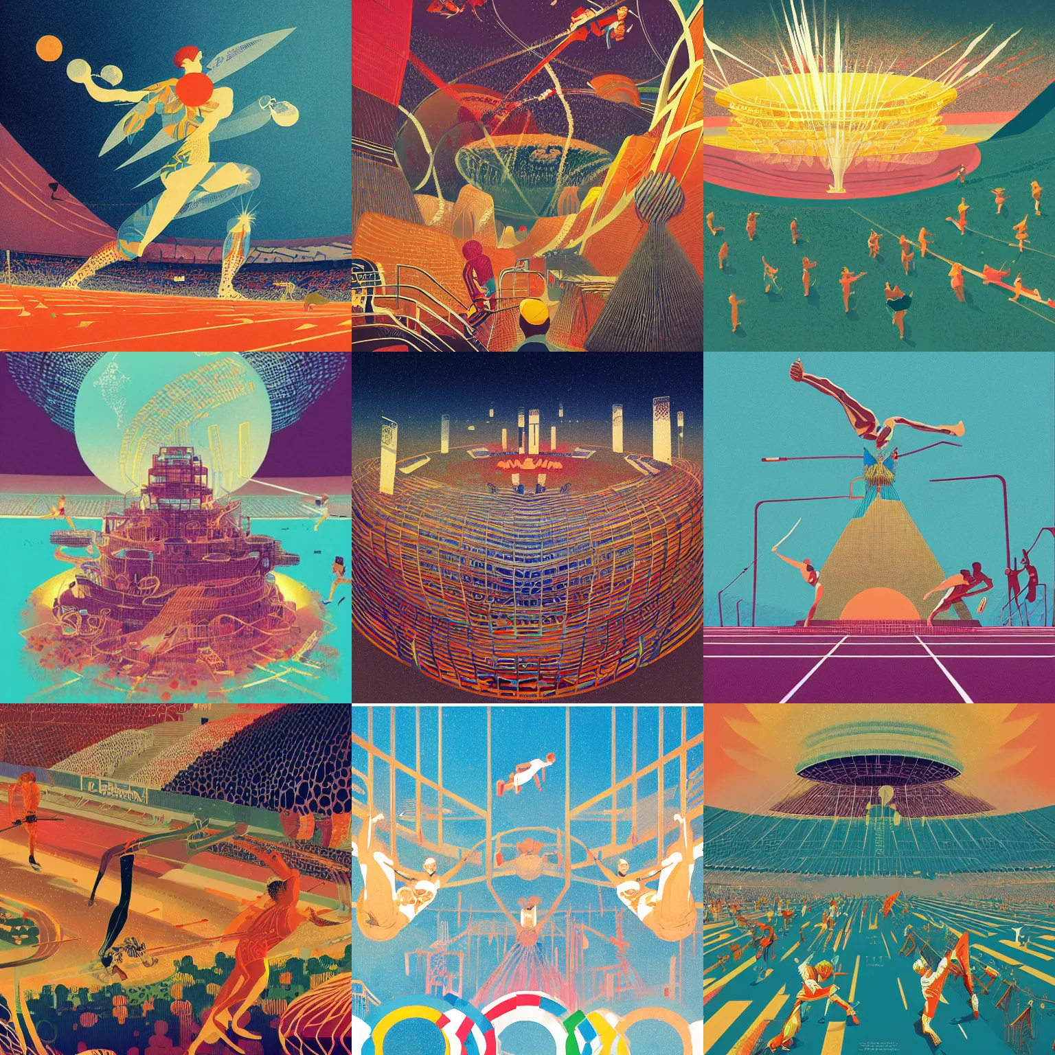 Prompt: illustration of the Olympic Games, by Victo Ngai and James Gilleard and Bruce Pennington