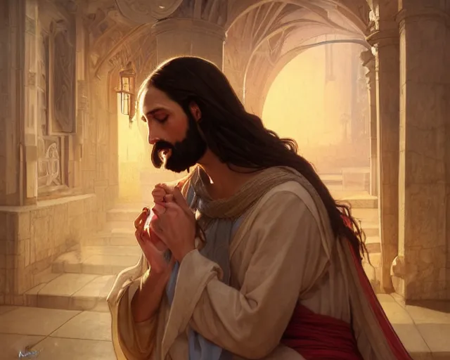 Prompt: photography of jesus coupling with a women in jerusalem, deep focus, intricate, elegant, highly detailed, digital painting, artstation, concept art, matte, sharp focus, illustration, art by artgerm and greg rutkowski and alphonse mucha