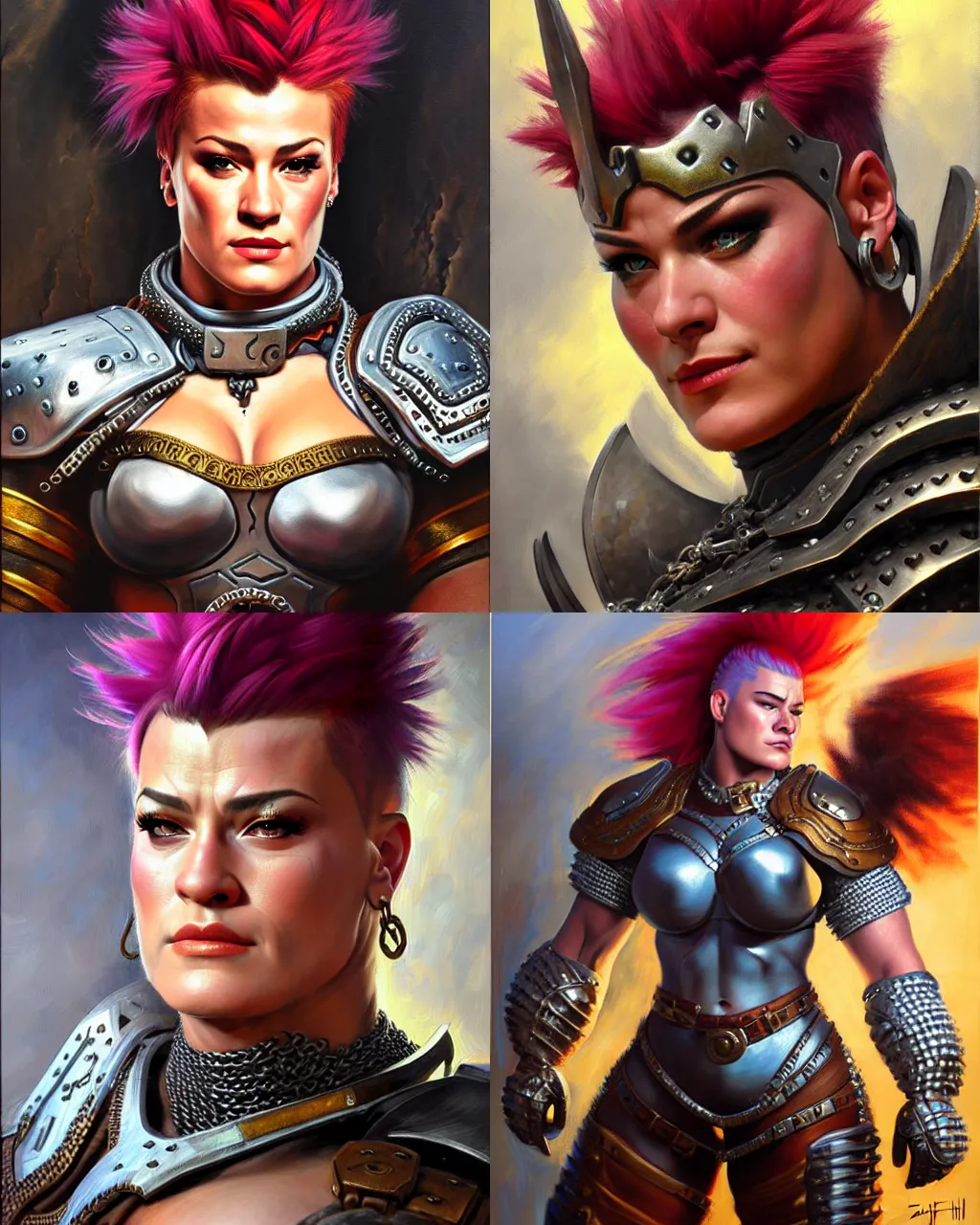 Prompt: detailed portrait of zarya from overwatch as a powerful medieval warrior wearing iron chainmail, intricate, hyper detailed, realistic, oil painting, by julie bell, frank frazetta, cinematic lighting