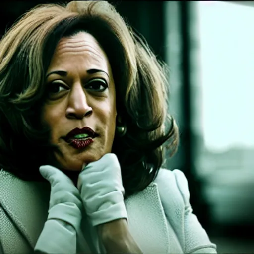 Image similar to Kamala Harris as cruella devilla, 8k, Disney, professional photography, cinematic shot, dark, smoke