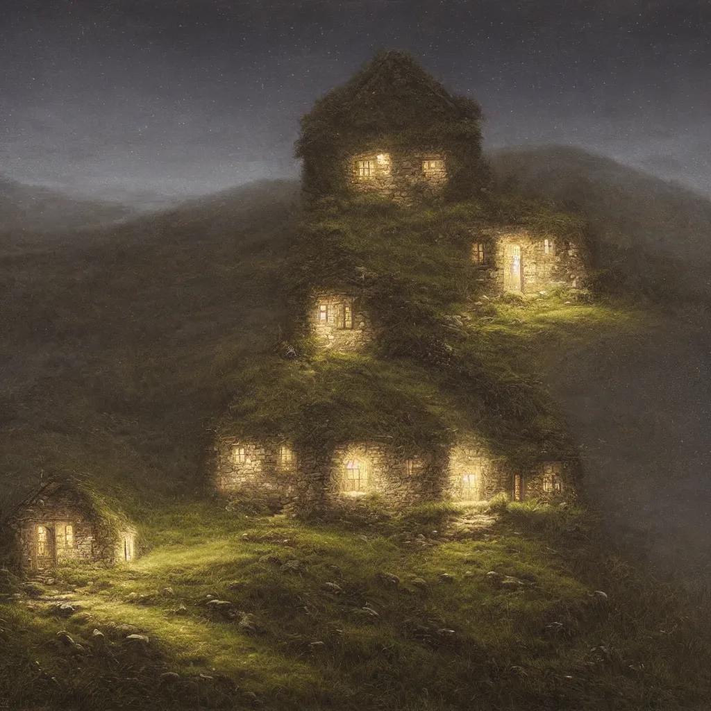 Image similar to A singular rotting cottage on a mountaintop at night, by Lee Madgwick, hyperrealistic, V-Ray 8k UHD