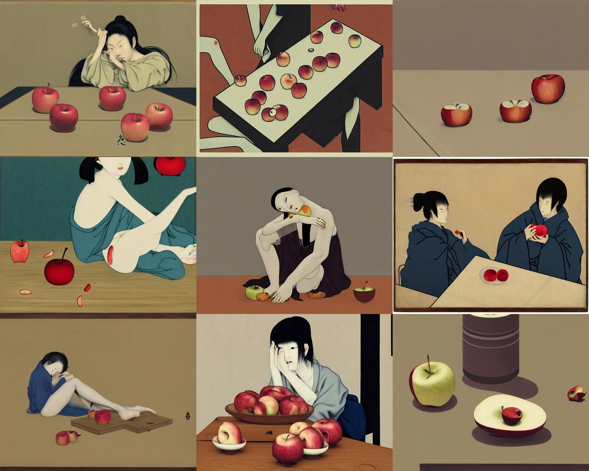 Image similar to Drained apples on a cracked wooden table by Senju Shunga and Hsiao-Ron Cheng and James Jean, pale colors, monotone, calm, balanced