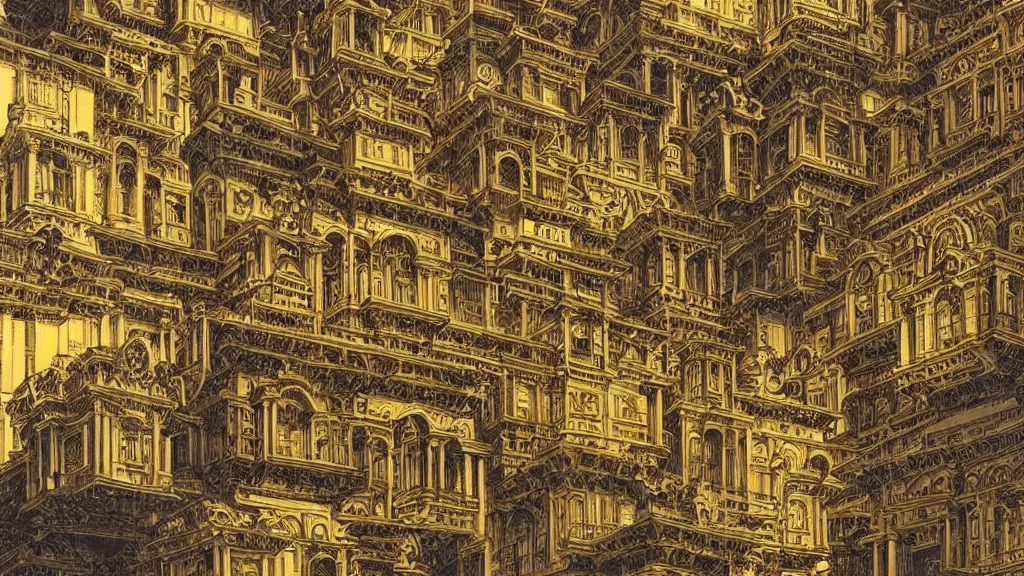 Prompt: baroque architecture, by Escher and Jean Delville, fractal, walled city of Kowloon, golden lighting, ornate