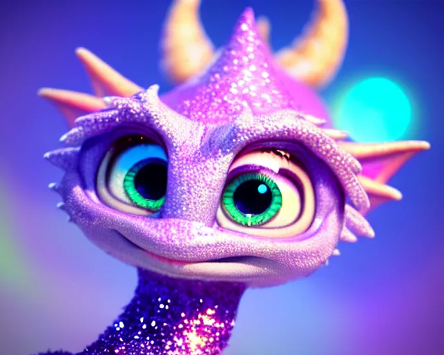 Image similar to a cute cute baby dragon, big eyes, soft scale texture, pastel colours, colorful, shiny glitter crystals, cute, adorable, pixar animation style, detailed, soft light, octane render, cute, 4 k,