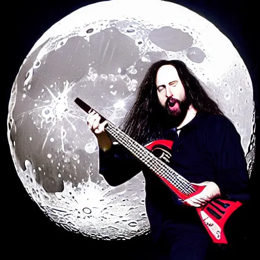 Prompt: John Petrucci from Dream Theater doing a guitar solo on the moon