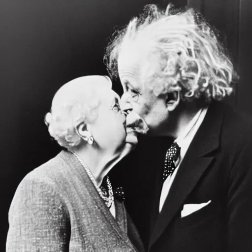 Prompt: Albert Einstein and Queen Elizabeth II kissing, portrait, photo, 1920