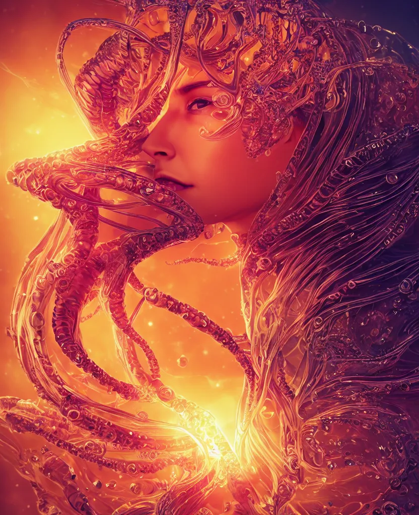 Image similar to close-up macro portrait of the face of a beautiful princess, epic angle and pose, symmetrical artwork, 3d with depth of field, blurred background, cybernetic jellyfish female face skull phoenix bird, translucent, nautilus, energy flows of water and fire. a highly detailed epic cinematic concept art CG render. made in Maya, Blender and Photoshop, octane render, excellent composition, cinematic dystopian brutalist atmosphere, dynamic dramatic cinematic lighting, aesthetic, very inspirational, arthouse. y Greg Rutkowski, Ilya Kuvshinov, WLOP, Stanley Artgerm Lau, Ruan Jia and Fenghua Zhong