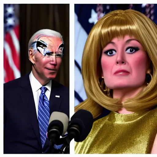 Image similar to photograph of an alien wearing a wig and a dress and (((Joe Biden))) at a press conference, highly detailed, 4K