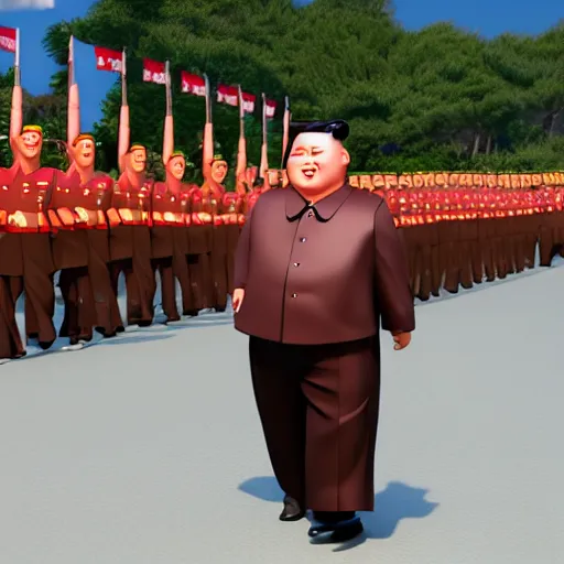 Image similar to screaming kim jong un doll leading a parade of himself octane render