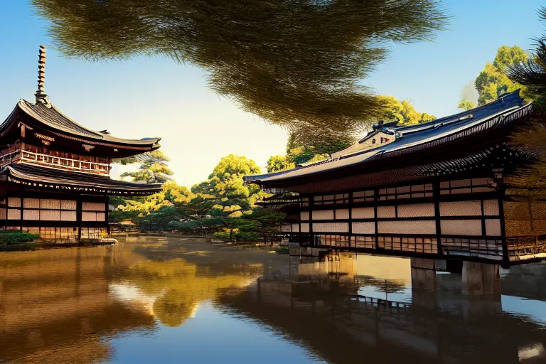 Image similar to Old japanese architecture in a Japanese valley, peaceful sky, golden hour, taken in unreal engine 5, 4k