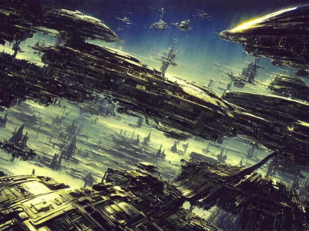 Prompt: ( ( ( ( an massive capital spaceship ) ) ), cinematic, shadows, 4 k, detailed, by john berkey!!!!!! and peter jackson and ridley scott and beeple and greg rutowski