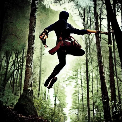 Image similar to An award winning photograph of a ninja in a moody forrest jumping, anime, steampunk, insanley detalied