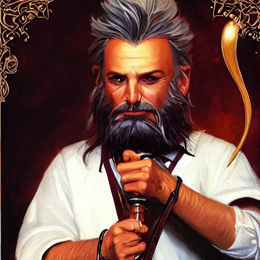 Image similar to beautiful portrait painting of a very short and small male halfing bard with white hair, full beard, from pathfinder, evil smirk, narcissist, self centered, casting fireball, painted by larry elmore, wayne reynolds, greg rutkowski, magic the gathering, dungeons and dragons, dishonored 2