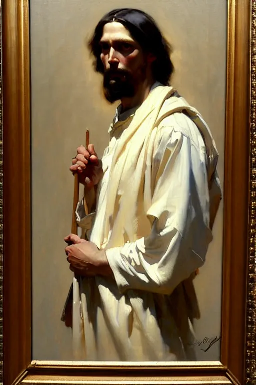 Image similar to leyendecker and solomon joseph solomon and richard schmid and jeremy lipking victorian loose genre loose painting full length portrait painting of jesus